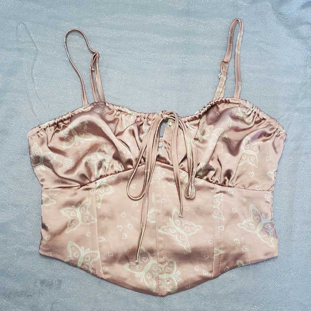 LA Hearts Pink Butterfly Heart Print Smocked Corset Crop Top‎ Camisole XSCottage